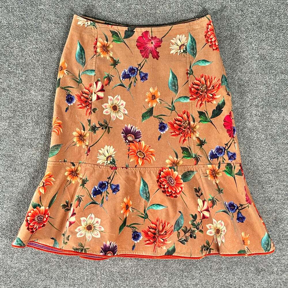 Oilily Womens Camel Brown Tan Velour Floral A-Line Midi Skirt Size 36 Medium